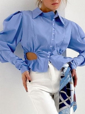 Blusa De Manga Comprida Padrão Feminina De Lapela De Manga Comprida De Botão