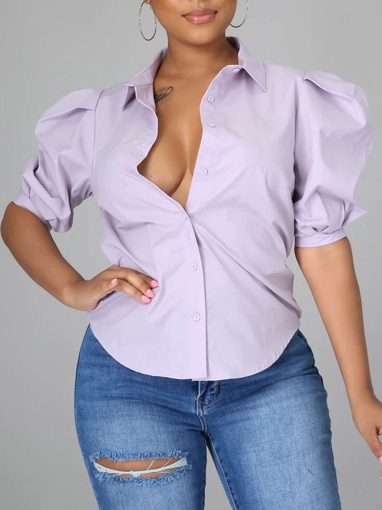 Blusa De Manga Curta Feminina Normal Normal De Botão
