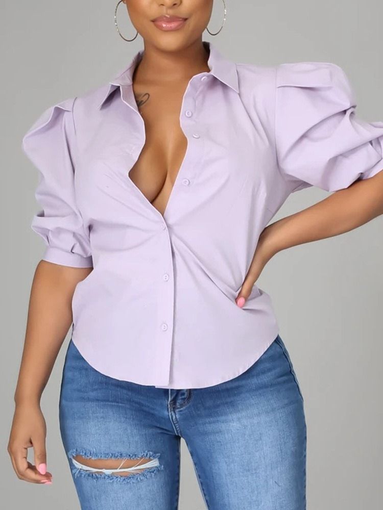 Blusa De Manga Curta Feminina Normal Normal De Botão