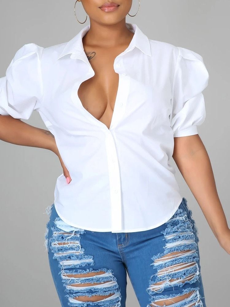 Blusa De Manga Curta Feminina Normal Normal De Botão