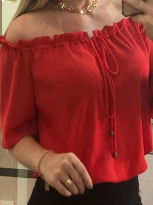 Blusa Normal Feminina Normal Sem Ombro Manga Curta Vermelha