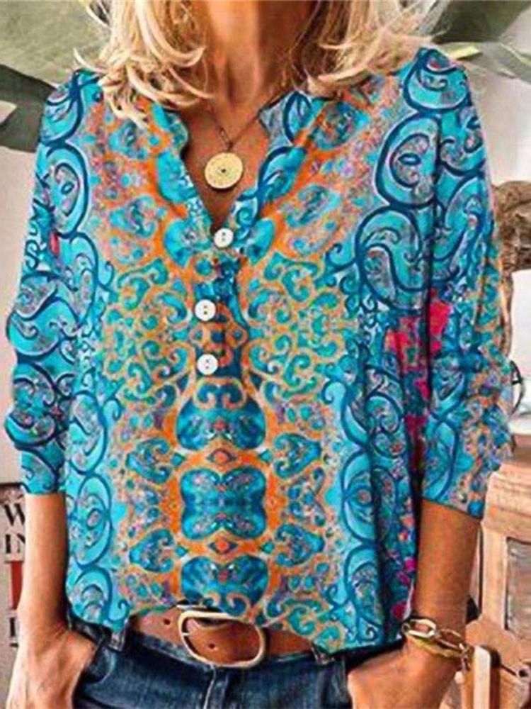 Blusa Padrão Feminina Manga Nove Pontos Com Botão Floral Regular