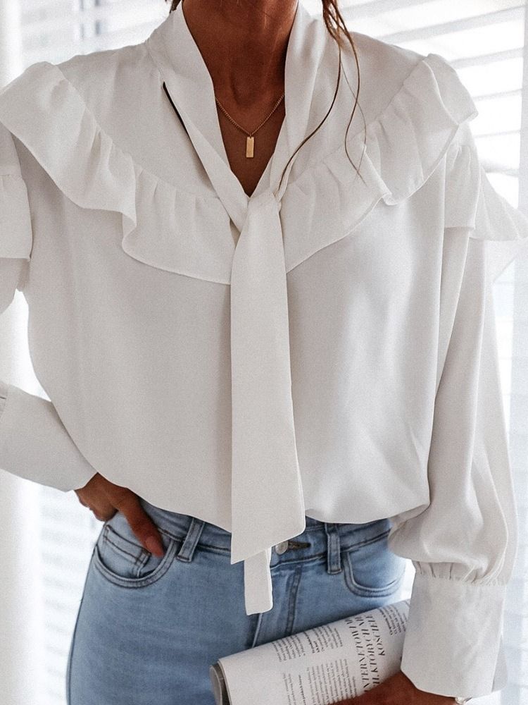 Bowknot Simples Regular Manga Longa Blusa Padrão Feminina
