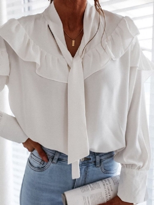 Bowknot Simples Regular Manga Longa Blusa Padrão Feminina