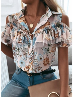 Estampa Floral Lapela Manga Curta Blusa Feminina Padrão