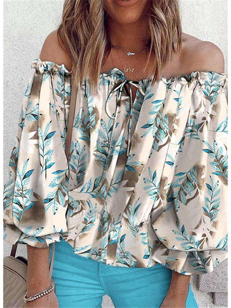 Estampa Floral Sem Ombro Comprimento Médio Manga Nove Pontos Blusa Feminina