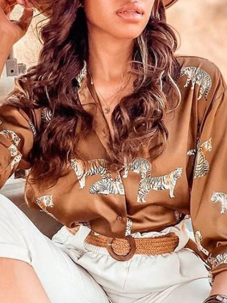 Estampa Lapela Normal Blusa Feminina De Manga Comprida Padrão