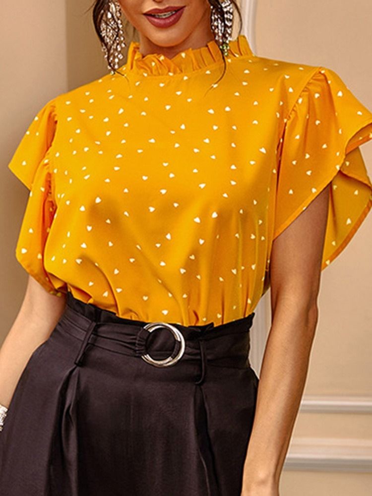 Estampa Polka Dots Manga Ruffle Blusa Feminina De Manga Curta Padrão
