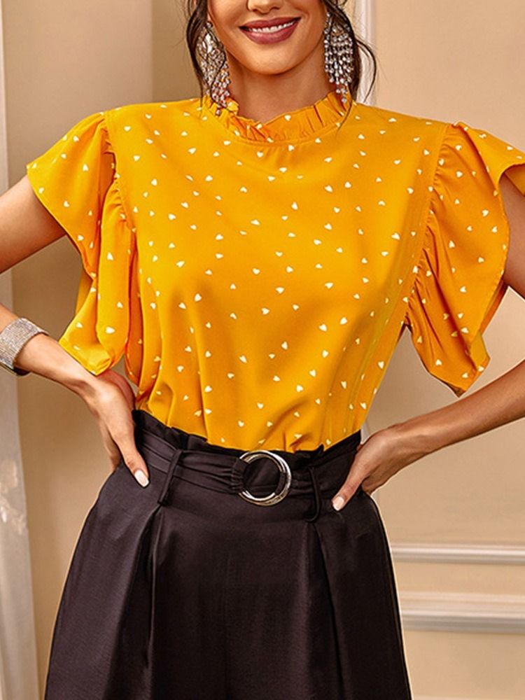 Estampa Polka Dots Manga Ruffle Blusa Feminina De Manga Curta Padrão