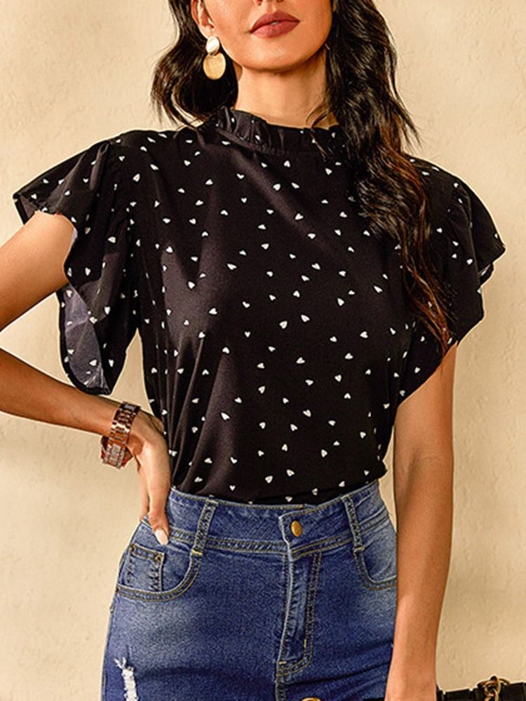 Estampa Polka Dots Manga Ruffle Blusa Feminina De Manga Curta Padrão