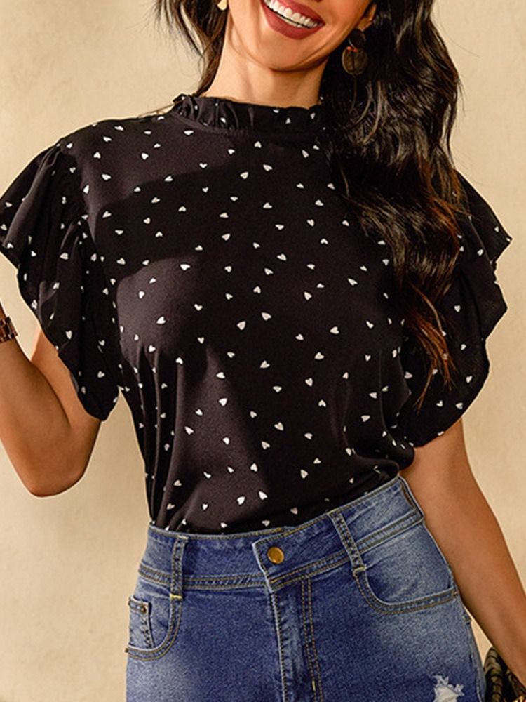 Estampa Polka Dots Manga Ruffle Blusa Feminina De Manga Curta Padrão