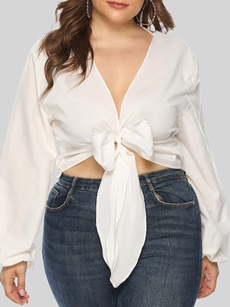 Lanterna De Bowknot Com Decote Em V Manga Comprida Blusa Feminina De Manga Comprida