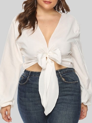 Lanterna De Bowknot Com Decote Em V Manga Comprida Blusa Feminina De Manga Comprida