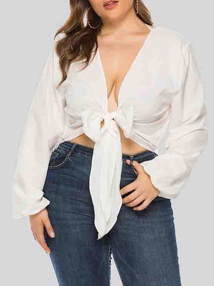 Lanterna De Bowknot Com Decote Em V Manga Comprida Blusa Feminina De Manga Comprida