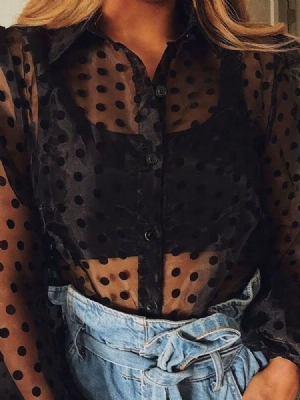 Lanterna Manga Lapela Bolinhas Blusa Feminina Manga Comprida Padrão