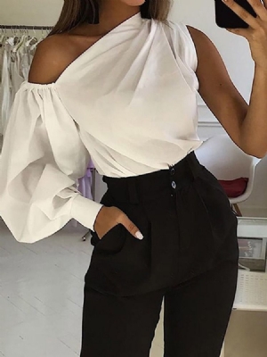 Lanterna Manga Oblíqua Colarinho Assimétrico Blusa De Manga Comprida Feminina De Comprimento Médio