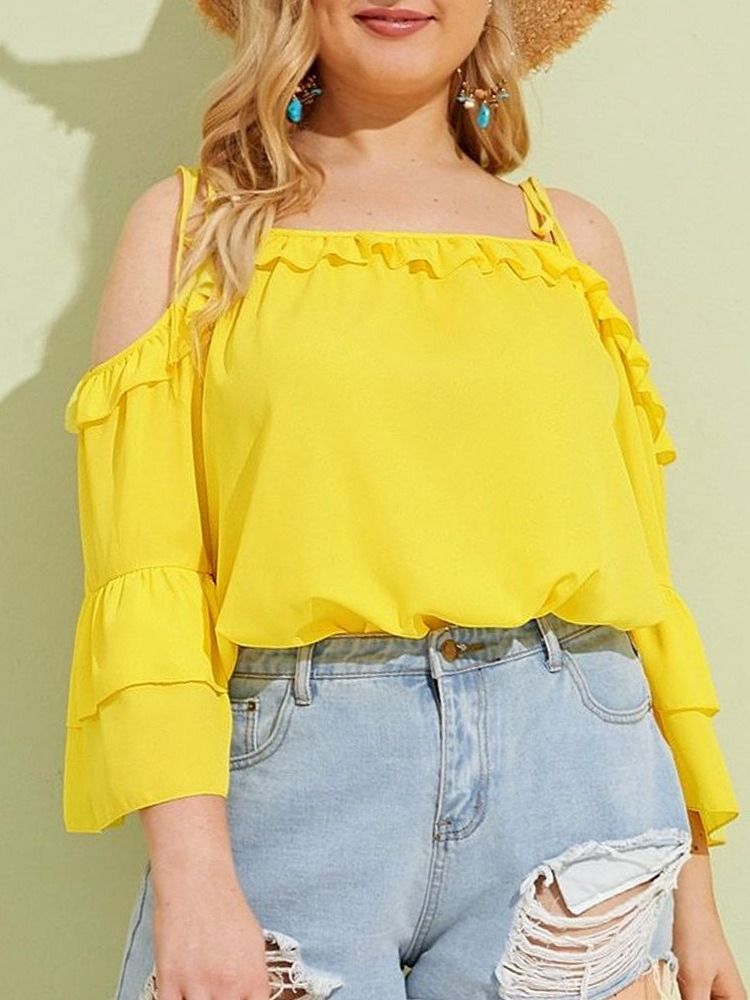 Manga Flare Patchwork Liso Padrão Nove Pontos Manga Blusa Feminina Tamanhos Grandes