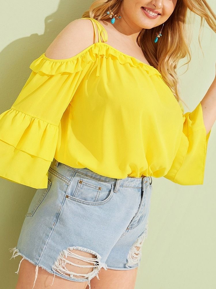 Manga Flare Patchwork Liso Padrão Nove Pontos Manga Blusa Feminina Tamanhos Grandes