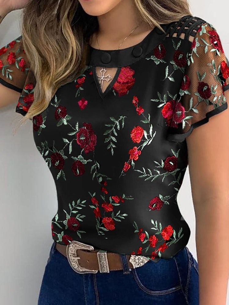 Patchwork Floral Regular Blusa Feminina De Manga Curta Padrão