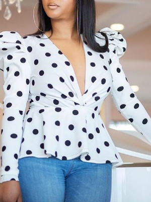 Polka Dots Print Blusa Feminina De Manga Comprida Padrão Com Estampa De Bolinhas