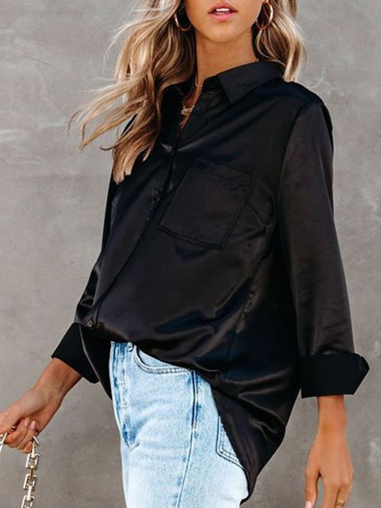 Regular Liso Patchwork Manga Comprida Blusa Slim Feminina Padrão