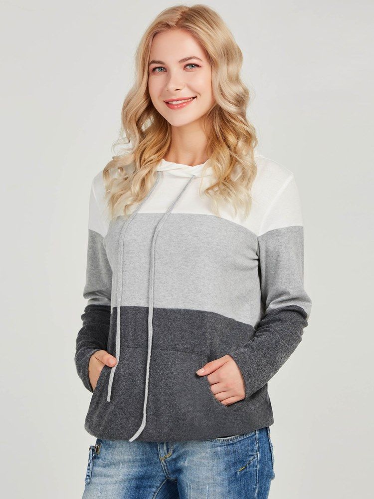 Bloco De Cores Feminino Patchwork De Mangas Compridas Com Capuz Legal