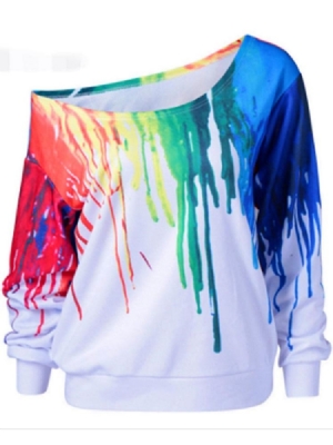 Moletom Feminino Solto Colorido Estampado Em 3d Com Gola Oblíqua