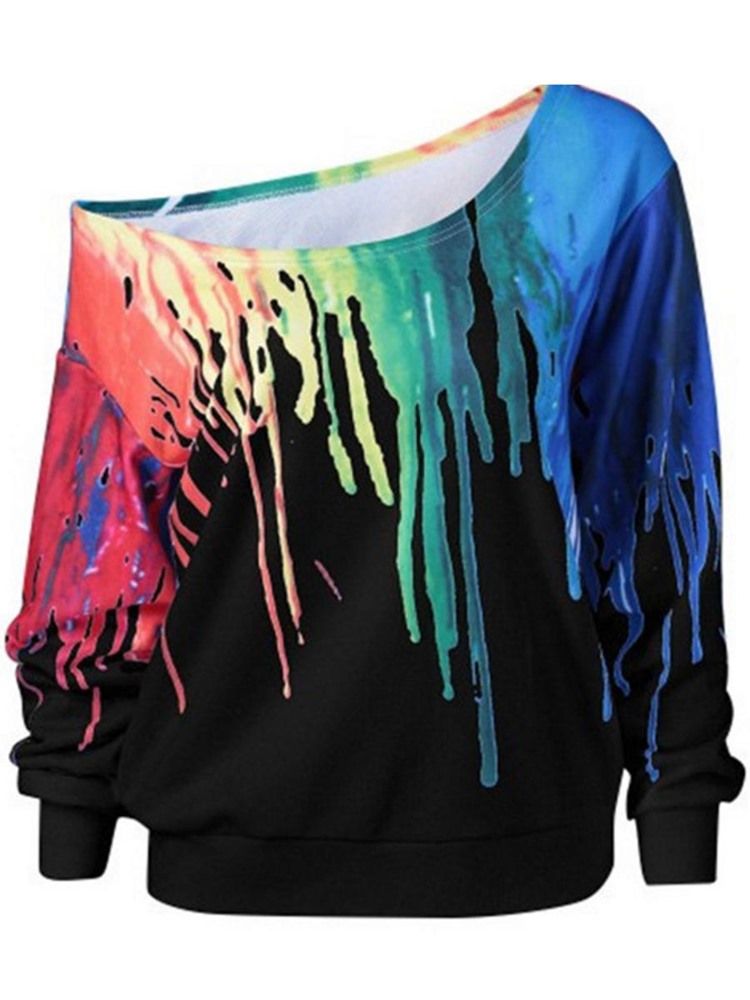 Moletom Feminino Solto Colorido Estampado Em 3d Com Gola Oblíqua