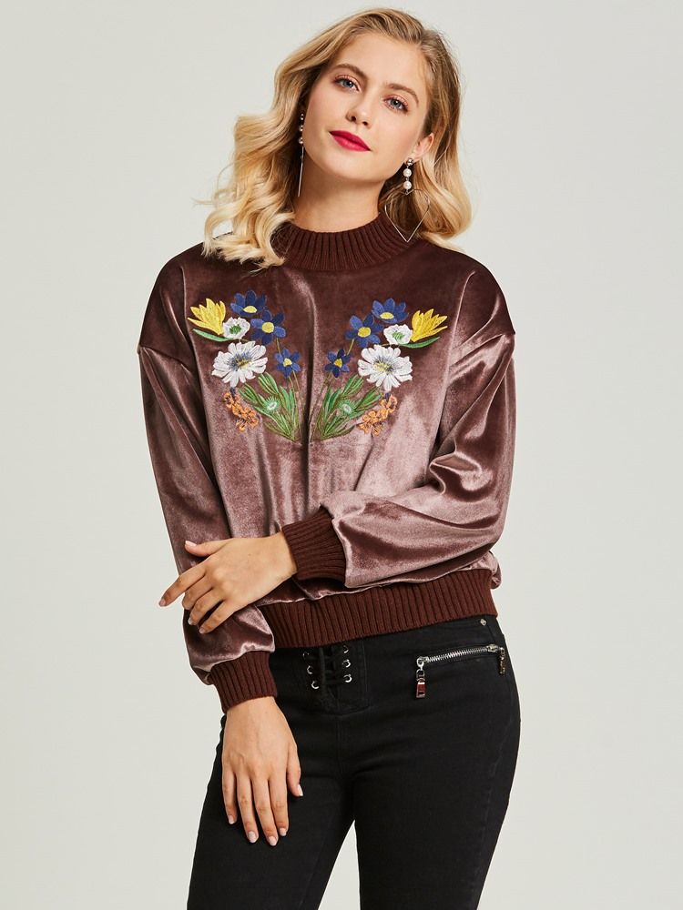 Pulôver Feminino Bordado Com Decote Redondo Floral Com Capuz