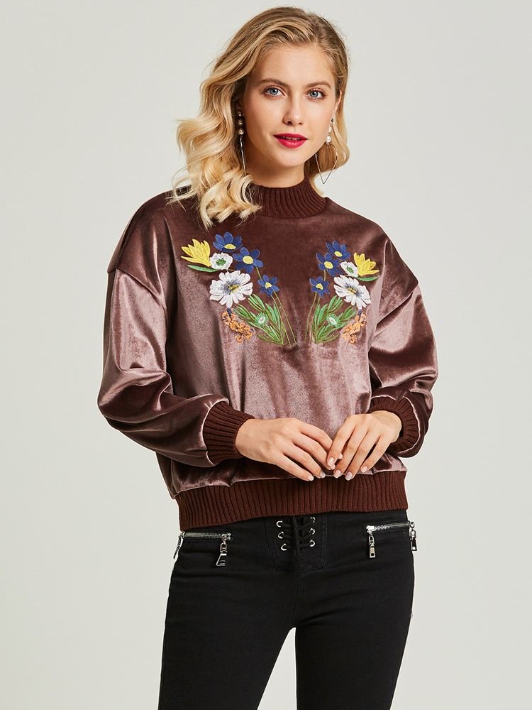 Pulôver Feminino Bordado Com Decote Redondo Floral Com Capuz