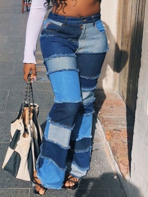 Botão Feminino De Cor Block Bellbottoms Slim Zipper Jeans