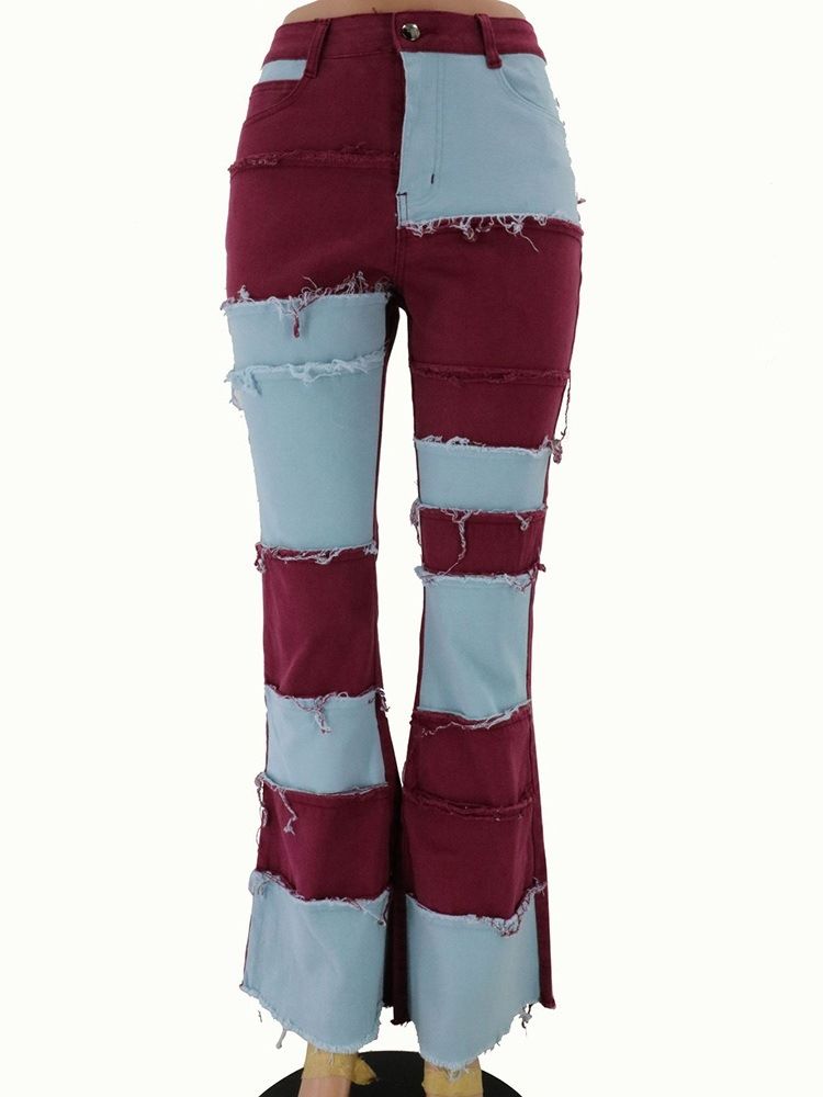 Botão Feminino De Cor Block Bellbottoms Slim Zipper Jeans