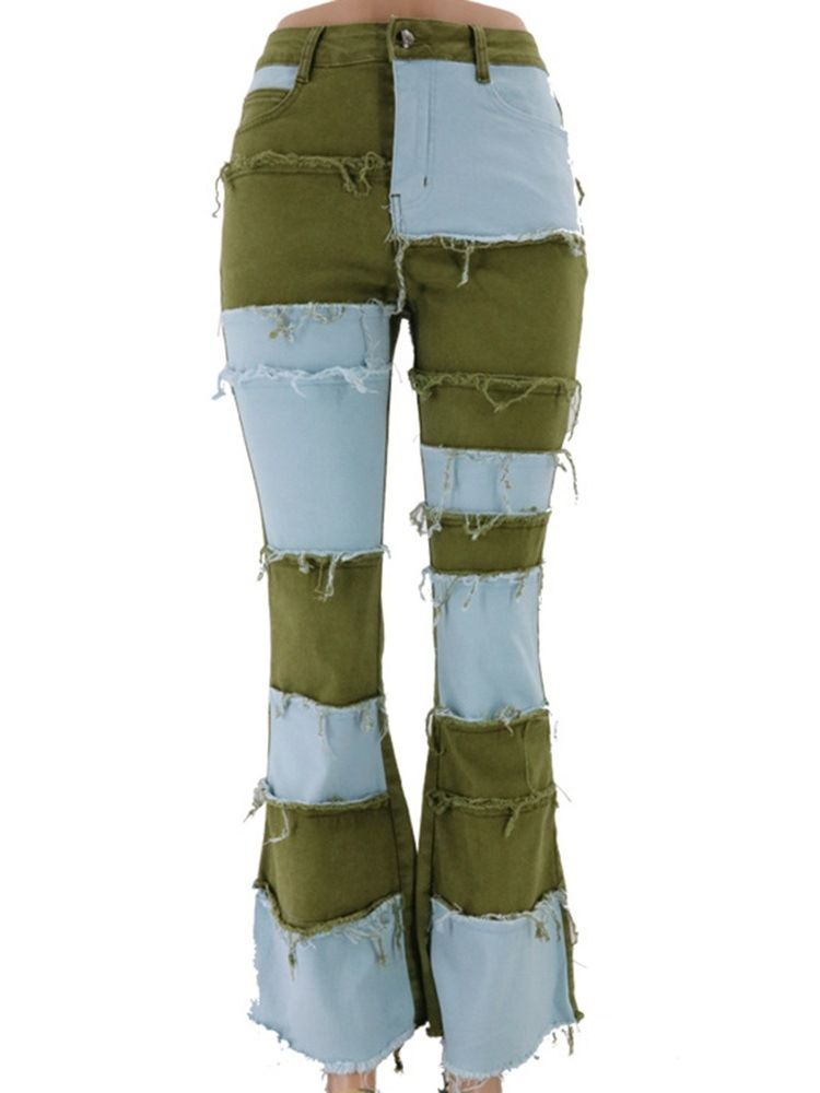 Botão Feminino De Cor Block Bellbottoms Slim Zipper Jeans