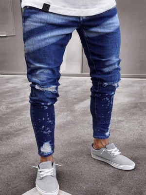Buraco Cor Bloco Calça Lápis Zíper Moda Calça Jeans Masculina