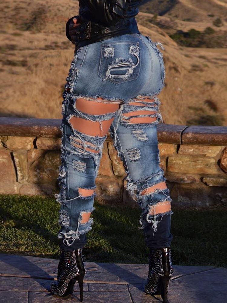 Calça Hole Pencil Zipper Skinny Calça Jeans Feminina