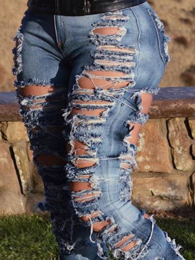 Calça Hole Pencil Zipper Skinny Calça Jeans Feminina