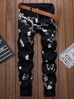 Calça Jeans Casual Com Estampa Floral Masculina E Zíper Reto