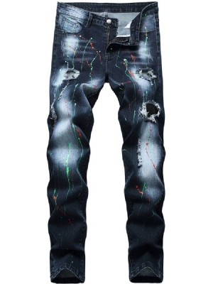Calça Jeans Casual Homem Com Zíper Hole Straight