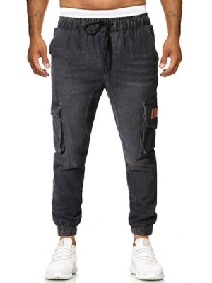 Calça Jeans Casual Masculina De Cintura Fina Com Cadarço E Cintura Média