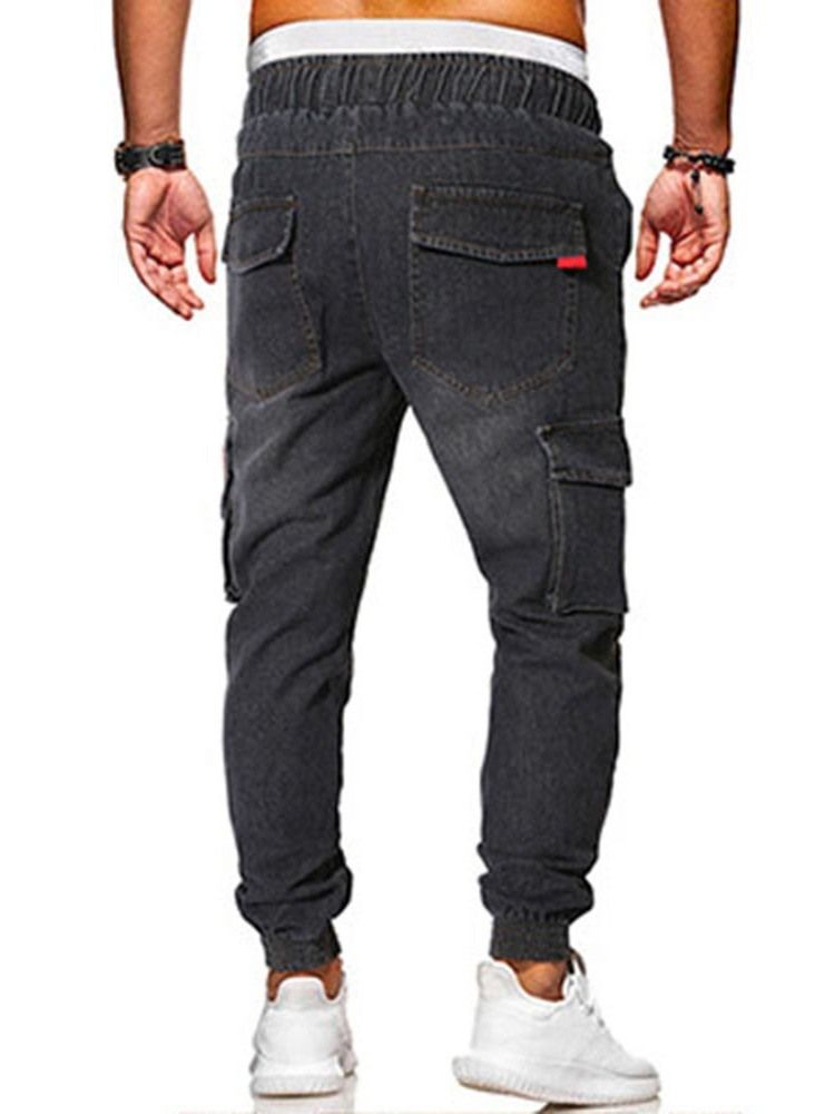 Calça Jeans Casual Masculina De Cintura Fina Com Cadarço E Cintura Média