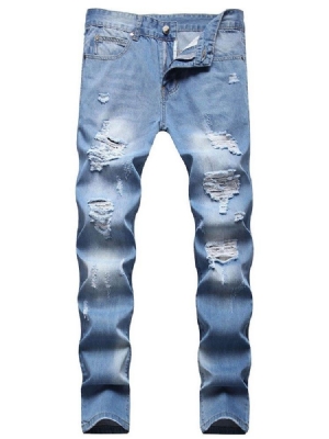Calça Jeans Casual Masculina Com Zíper Buraco Reto