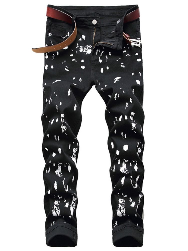 Calça Jeans Casual Masculina Com Zíper Geométrico Reto