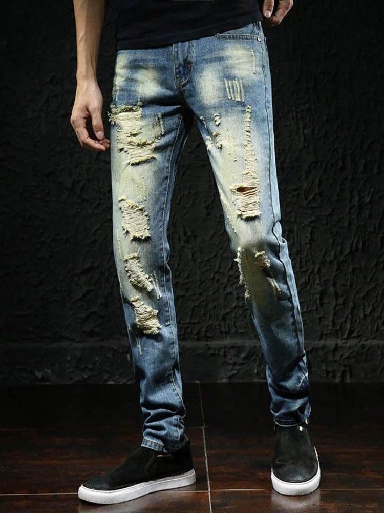 Calça Jeans Casual Masculina Com Zíper Reto De Bolso