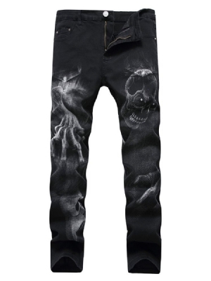 Calça Jeans Casual Masculina Estampada A Lápis De Crânio