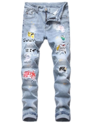 Calça Jeans Casual Masculina Estampada Com Zíper