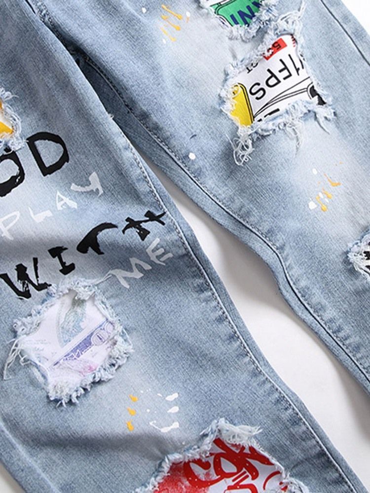 Calça Jeans Casual Masculina Estampada Com Zíper