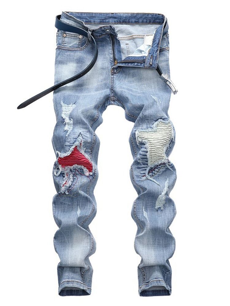 Calça Jeans Casual Masculina Plissada Patchwork Azul Claro