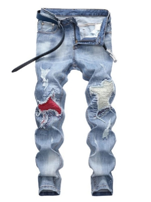 Calça Jeans Casual Masculina Plissada Patchwork Azul Claro