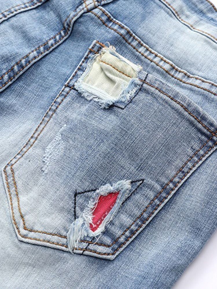 Calça Jeans Casual Masculina Plissada Patchwork Azul Claro