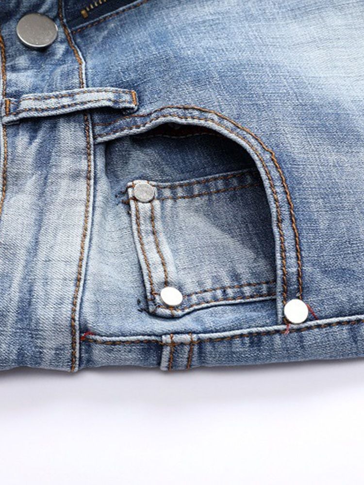 Calça Jeans Casual Masculina Plissada Patchwork Azul Claro
